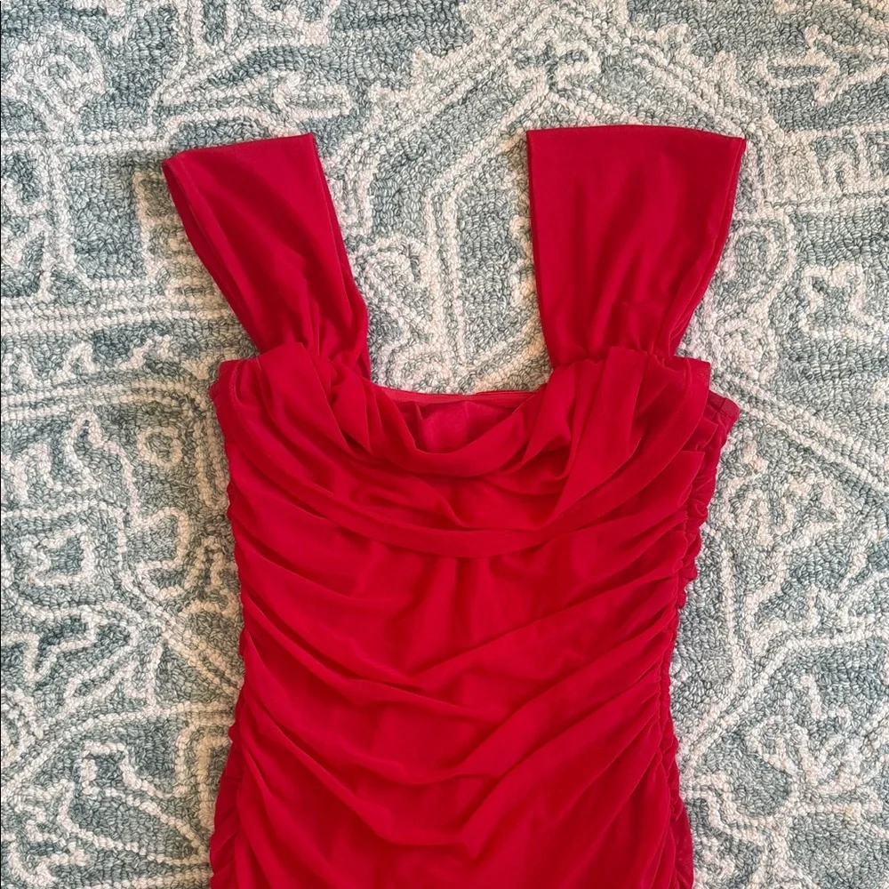 Fitted Red Ruched Mini Dress - Picture 7 of 15
